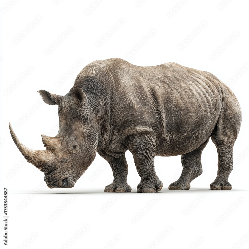 Obraz premium A majestic rhinoceros stands tall, showcasing its impressive horn and thick skin. The image highlights the rhino's power and resilience in the wild