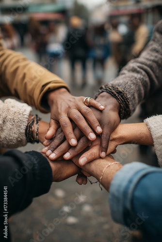 Diverse hands stacked in solidarity symbolize unity, cooperation, teamwork, and collective effort in an urban environment.