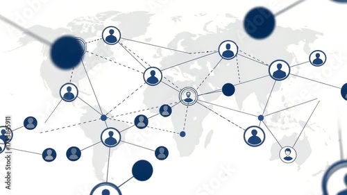 Global social network connection structure with user avatars linked by data lines over a world map background