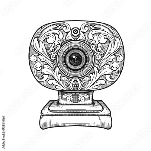 Ornate webcam with intricate floral design in black and white  
