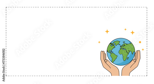 Hands holding globe with sparkles in minimalist style  
