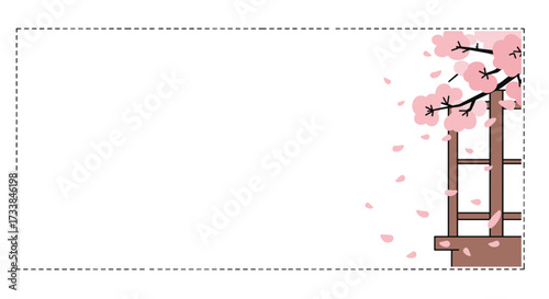 Cherry blossom tree branch with pink petals on blank background  