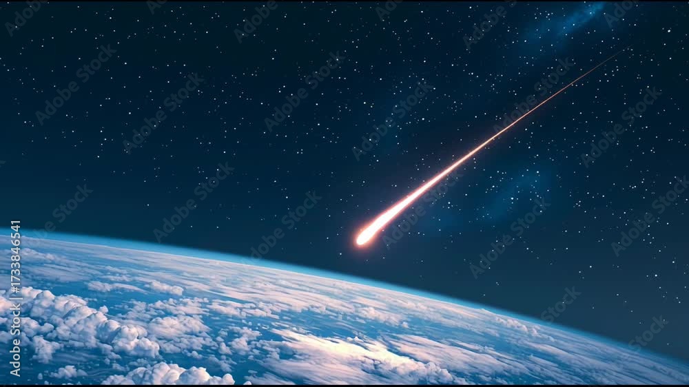 Glowing meteor entering earth's atmosphere, creating a bright trail against the backdrop of space and starry sky, with earth's clouds visible below