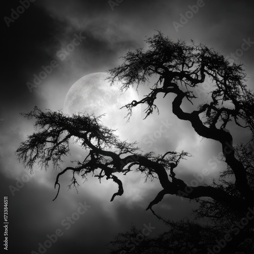 A dark, eerie tree with twisted branches and a full moon in the background, set against a cloudy, ominous sky.
