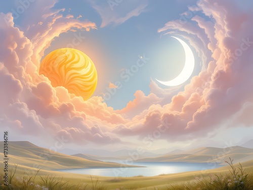 Celestial Harmony Sun and Moon Embrace in a Dreamlike Cloudscape over Serene Landscape