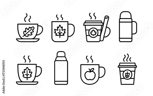 Set of eight black line icons including steaming cups, mugs, takeaway coffee cups, and thermoses decorated with autumn leaves and apple symbols.