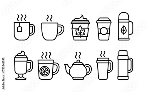 Set of eight black line icons including steaming cups, mugs, takeaway coffee cups, and thermoses decorated with autumn leaves and apple symbols.