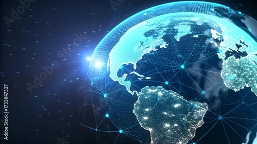 Glowing digital Earth globe showing global connectivity, telecommunication links, and worldwide data exchange network.