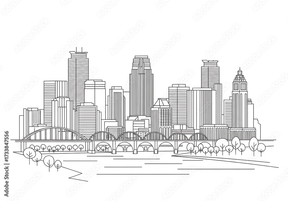 Obraz premium Detailed line art depicting an urban skyline with a prominent bridge and cityscape vista