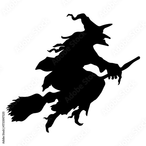 Old wicked witch flying on broom – vector drawing
