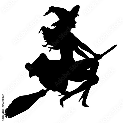 Beautiful slim young witch flying on broom – vector illustration