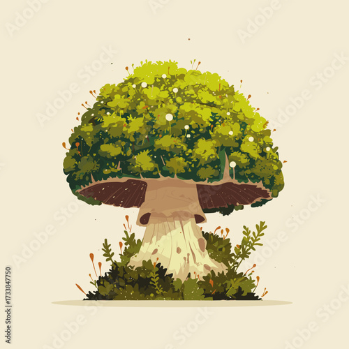 Vector illustration of a mushroom covered in moss