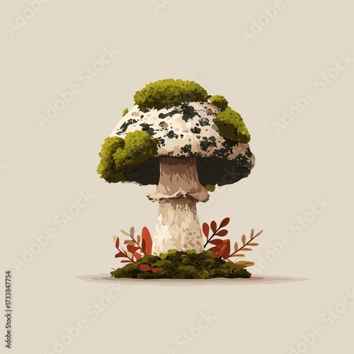 Vector illustration of a mushroom covered in moss