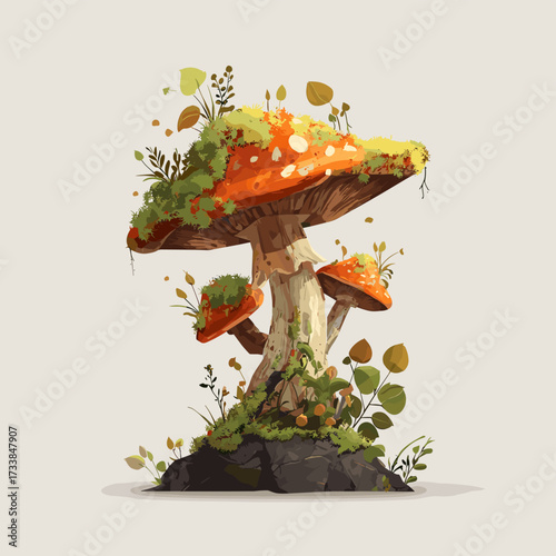 Vector illustration of a mushroom covered in moss
