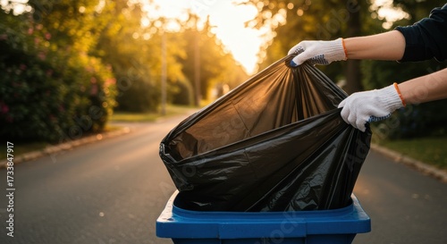 Person in gloves opening a trash bag to put waste in a blue bin