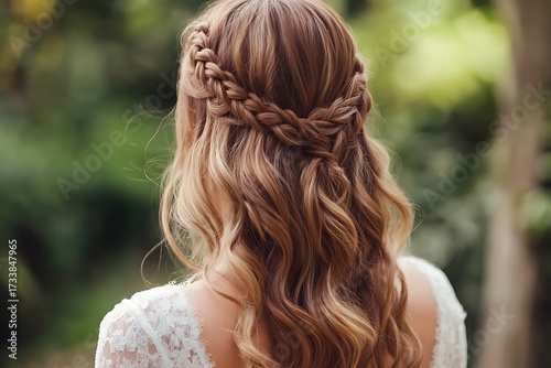 A chic half-up, half-down bridal hairstyle with soft, flowing curls and a subtle braid at the crown 