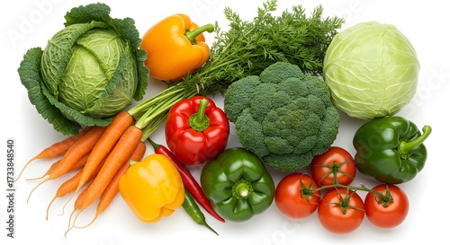 Colorful Fresh Organic Vegetables Isolated on White: Bell Peppers, Cabbage, Carrots, Broccoli, Tomatoes.