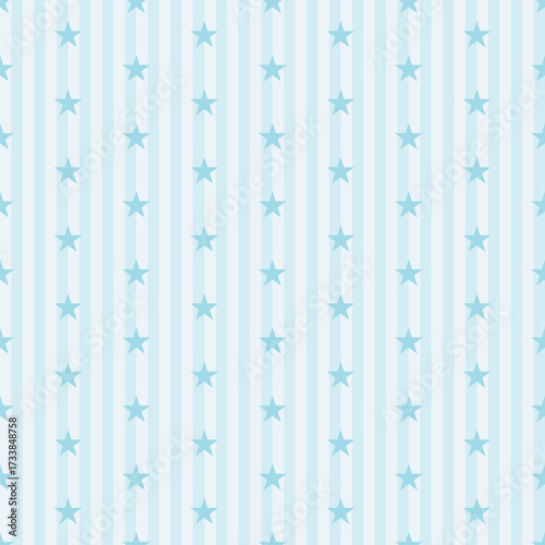 Seamless pattern with vertical stripes and small stars. Geometric striped repeating gingham texture. Vector blue background.
