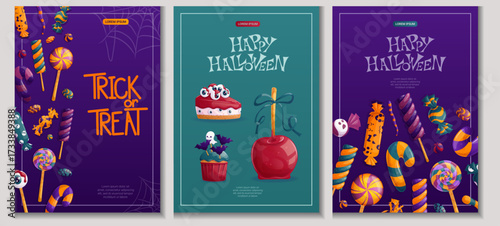 A set of Halloween design templates. Candies, lollipops, caramel canes, Caramel apple, cupcake decorated with bats, eyeballs. "Trick or treat." Isolated vector illustration 