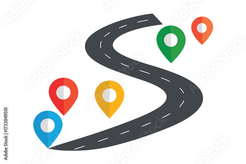 Winding Road with Location Markers in Different Colors Navigation and Journey Concept Illustration