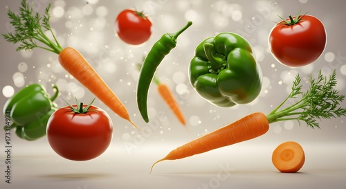 Fresh, Vibrant Vegetables Levitating: Carrots, Tomatoes, Peppers, Chili with Bokeh