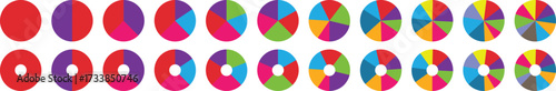 Percentage circle set. Loading indicator set. Segment of circle icons from 0 to 100 percent. Pie charts diagrams. Colorful diagram collection with sections or steps. Vector illustration

