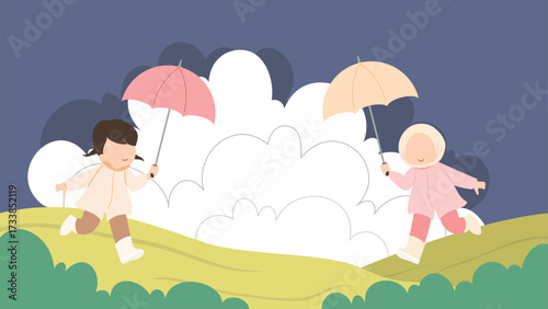 Hand drawn illustration during the monsoon season with two girls wearing a raincoat and holding umbrella