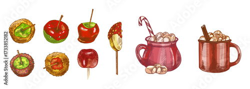 Hand drawn vintage sketch of candy apples, chocolate banana and cocoa mugs in festive colored version set