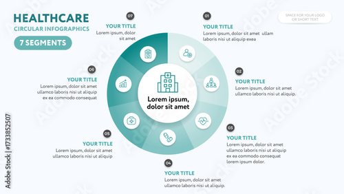 Medical circular infographics template - 7 segment diagram illustration for business presentation slide with flat icons and teal green color