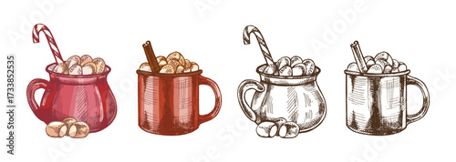 Hand drawn vintage sketch of hot cocoa mugs with marshmallow candy cane and cinnamon in colored and monochrome version