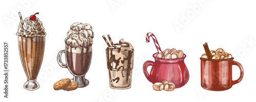 Hand drawn vintage sketch of festive milkshake cocoa frappe and hot chocolate mugs in colored version