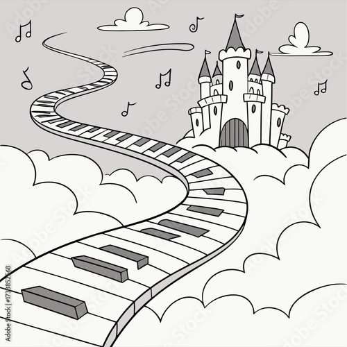 Whimsical illustration of a castle reached by a winding keyboard road through clouds. Music notes float near the monochromatic drawing of a dreamy escape.

