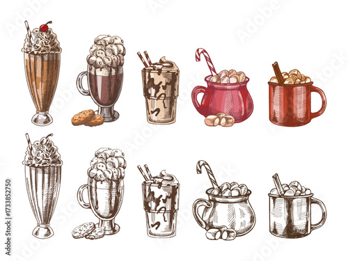 Hand drawn vintage sketch of milkshake, frappe and hot chocolate drinks in colored and monochrome festive version
