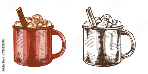 Hand drawn vintage sketch of red mug with hot chocolate, marshmallows and cinnamon stick, color and monochrome version, vector illustration