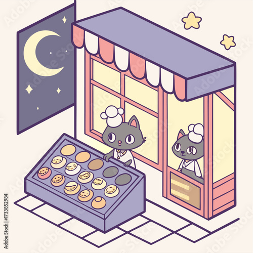A stylized vector illustration shows a cat working in a bakery at night. The cat wears a chef's hat, and a tray of goods sits in front of the open window.

