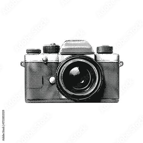 Halftone camera vector illustration, vintage and retro photography camera clipart, grunge dot pattern camera icon design, Classic film camera, Digital and print art camera logo