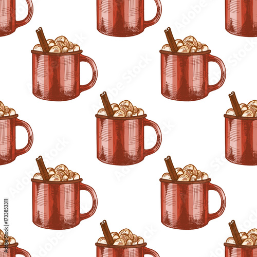 Hand drawn vintage seamless pattern of red mug with hot chocolate, marshmallows and cinnamon stick, color version, vector illustration