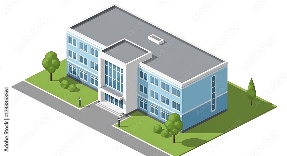 Isometric projection displays architectural building with green spaces Isometric projection displays architectural building with green spaces
