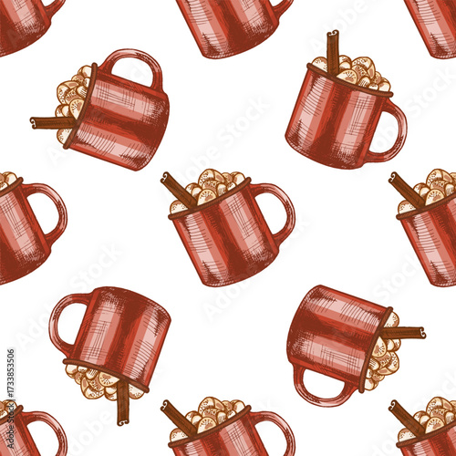 Hand drawn vintage seamless pattern of red mug with hot chocolate, marshmallows and cinnamon stick, color version, vector illustration