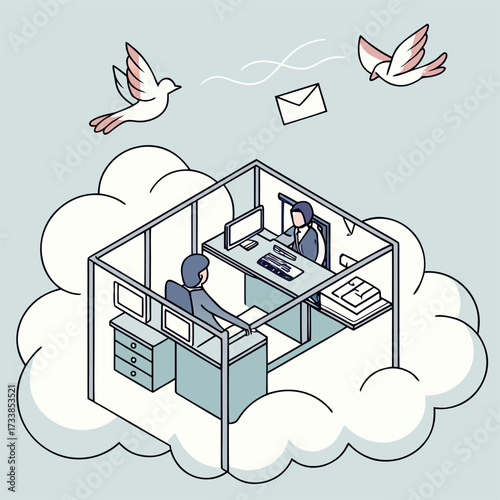 Illustration of a cubicle workplace floating on a cloud, with two birds and a letter above. Represents submitting files to Adobe Stock.

