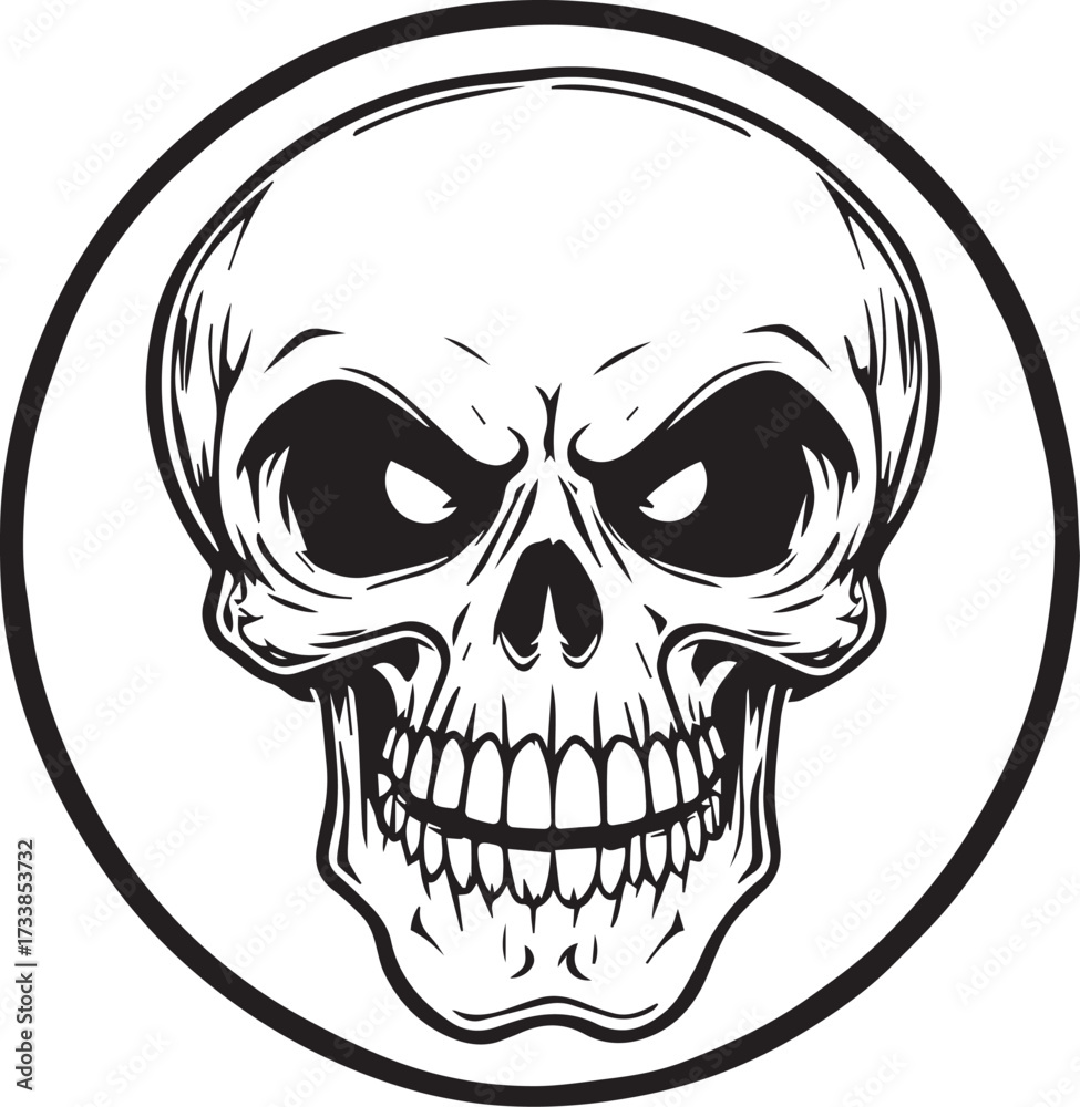 Fototapeta premium Skull icon in black silhouette with circular frame and graphic shading for gothic, danger, and rebellious design themes