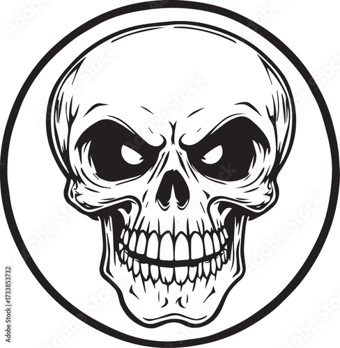 Skull icon in black silhouette with circular frame and graphic shading for gothic, danger, and rebellious design themes