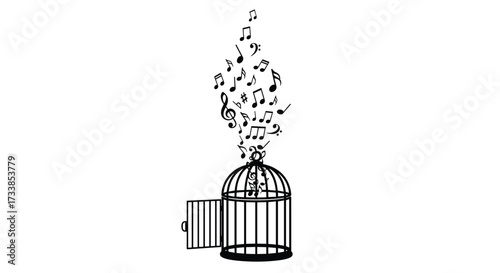 Birdcage with musical notes flying out symbolizing freedom of music, Generative AI.