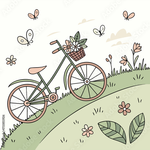 An illustration of a pastel bicycle on a small hill, surrounded by butterflies and flowers. This image is likely part of a successful submission to a stock photo website.

