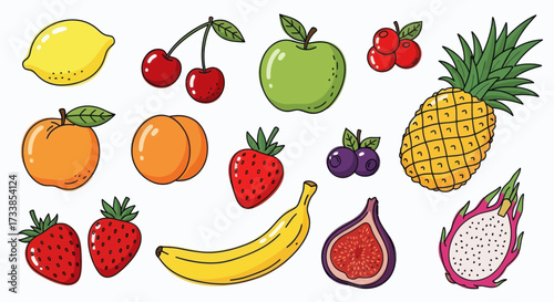 A vibrant collection of hand-drawn cartoon fruits including lemon, cherries, apple, pineapple, peach, orange, strawberries, blueberries, banana, fig, and dragon fruit on a white background.