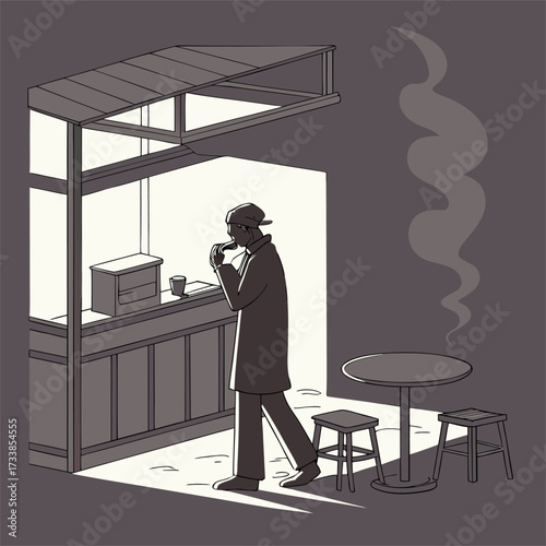 A stylized illustration shows a man smoking a pipe. He stands near an outdoor kiosk with a table and chairs, all in muted tones.


