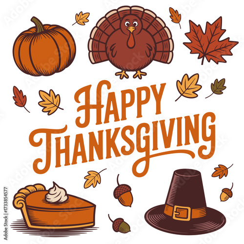 Happy Thanksgiving vector set in vintage style with turkey, pumpkin, pie, autumn leaves, acorns, and pilgrim hat, perfect for fall holiday, harvest celebration, and seasonal greeting designs