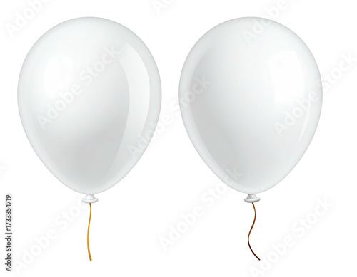 Two white balloons, side-by-side, with gold and red ribbon against a black background