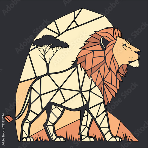 Vector art of a lion stands powerfully against an African landscape. The artwork is fractured into geometric shapes, reminiscent of stained glass, ready to be submitted.


