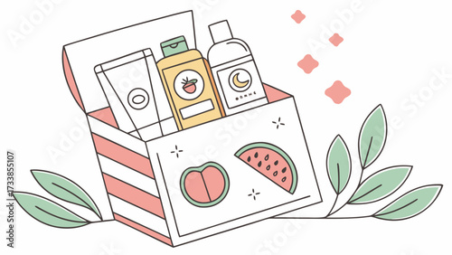 Beauty products in a box with fruit and leaves beauty box